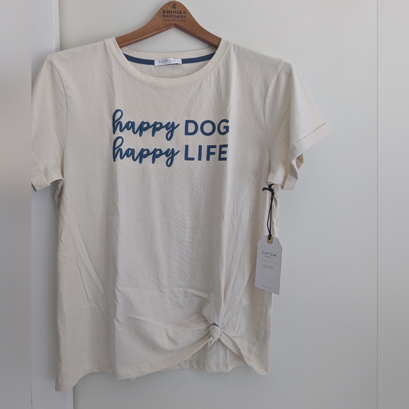 NWT Embroidered Cuffed Sleeves T Shirt WOMENS M/ L Happy Dog Happy Life Beige - Picture 12 of 13